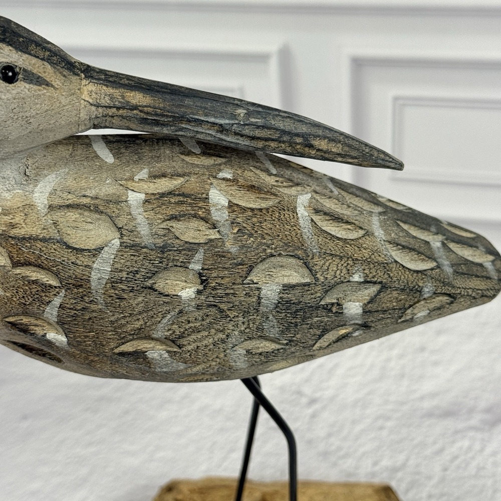 Hand Carved Wooden Egret Shorebird Sculpture Coastal Beach Decor Rustic Bird Art - Picture 11 of 16